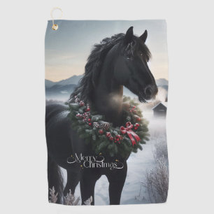Black horse in the snow with Christmas wreath Golf Towel