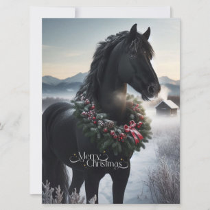 Black horse in the snow with Christmas wreath Holiday Card