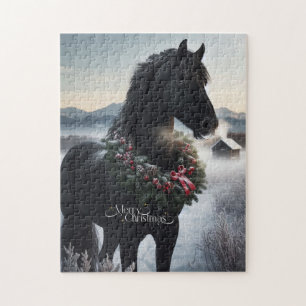 Black horse in the snow with Christmas wreath Jigsaw Puzzle
