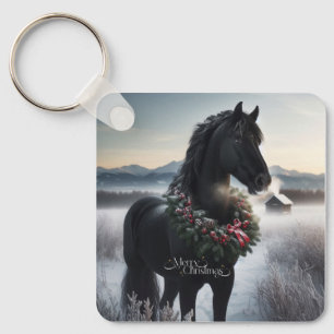 Black horse in the snow with Christmas wreath Key Ring