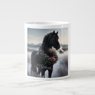 Black horse in the snow with Christmas wreath  Large Coffee Mug