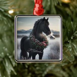 Black horse in the snow with Christmas wreath  Metal Tree Decoration