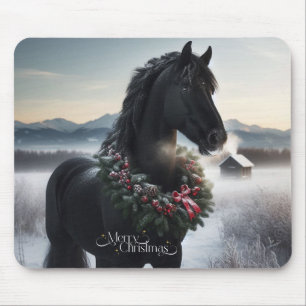 Black horse in the snow with Christmas wreath Mouse Mat