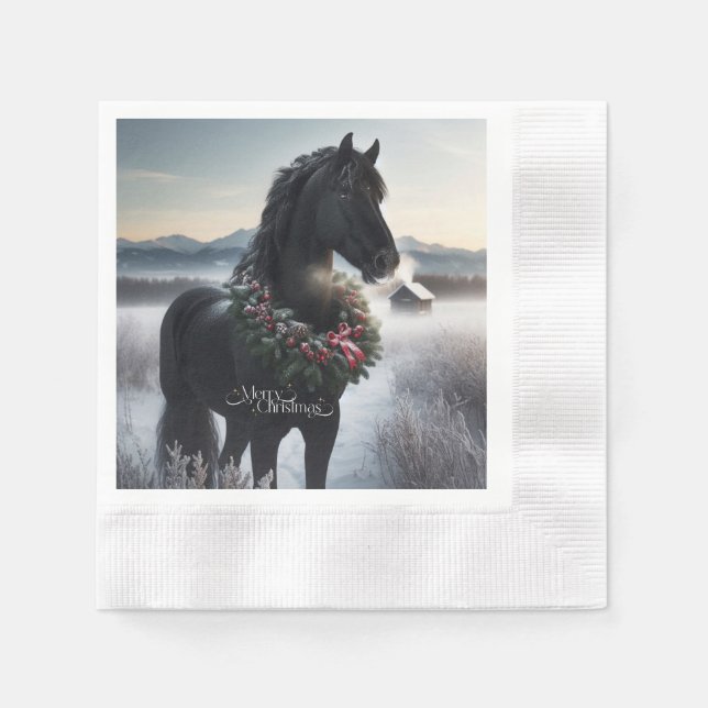 Black horse in the snow with Christmas wreath  Napkin (Front)