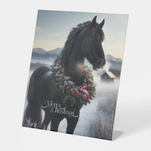 Black horse in the snow with Christmas wreath Pedestal Sign