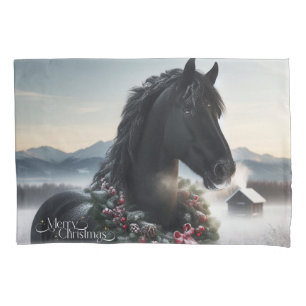 Black horse in the snow with Christmas wreath  Pillowcase