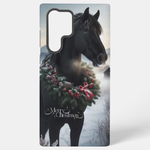 Black horse in the snow with Christmas wreath Samsung Galaxy Case