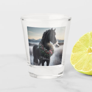 Black horse in the snow with Christmas wreath Shot Glass