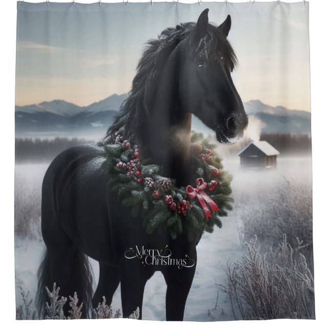Black horse in the snow with Christmas wreath  Shower Curtain (Front)