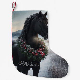 Black horse in the snow with Christmas wreath  Small Christmas Stocking