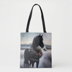 Black horse in the snow with Christmas wreath Tote Bag