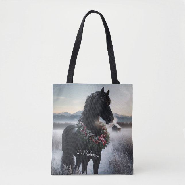 Black horse in the snow with Christmas wreath  Tote Bag (Front)