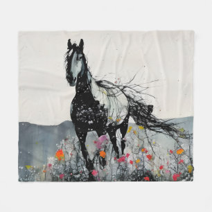 Black Horse in Wildflowers Fleece Blanket