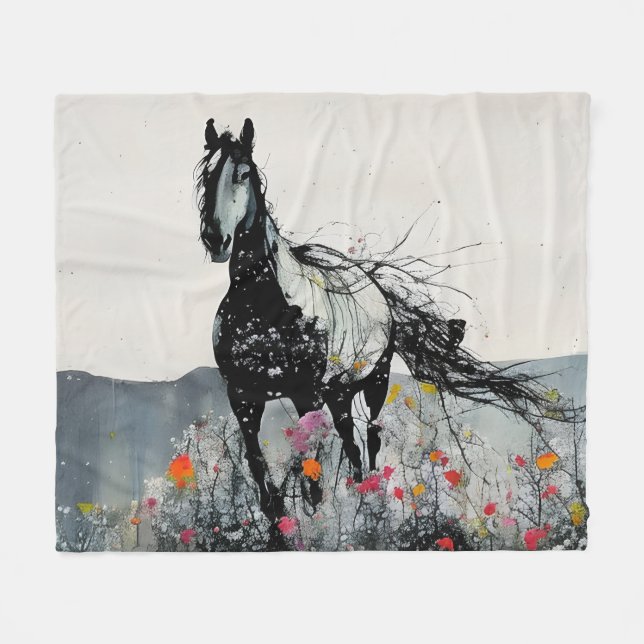 Black Horse in Wildflowers Fleece Blanket (Front (Horizontal))