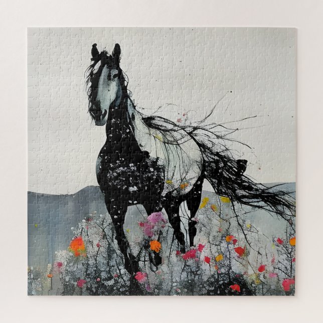 Black Horse in Wildflowers Jigsaw Puzzle (Vertical)
