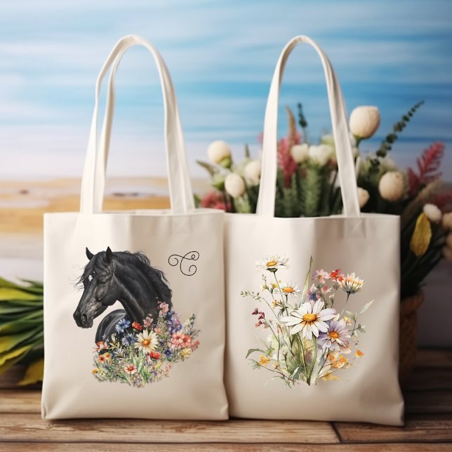 Black Horse in Wildflowers Monogrammed Tote Bag (Creator Uploaded)