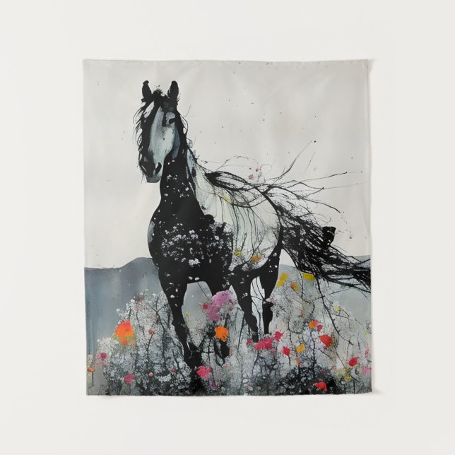 Black Horse in Wildflowers Tapestry (Front)