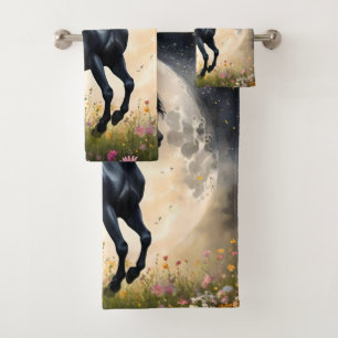 Black Horse Moon Flower Field, Bath Towel Set
