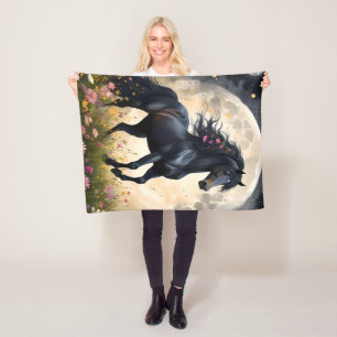 Black Horse Moon Flower Field, Fleece Blanket