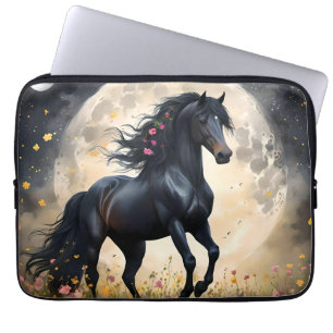 Black Horse Moon Flower Field, Laptop Sleeve
