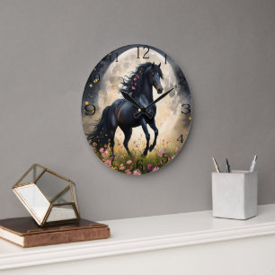 Black Horse Moon Flower Field, Large Clock