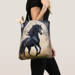 Black Horse Moon Flower Field, Tote Bag