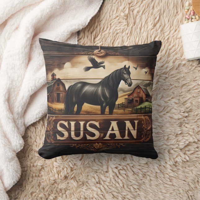 Black Horse Near Barns and Flying Birds Cushion (Blanket)
