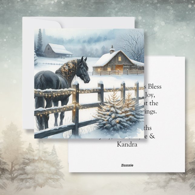 Black Horse on a Christmas Farm Personalised Holiday Card (Creator Uploaded)