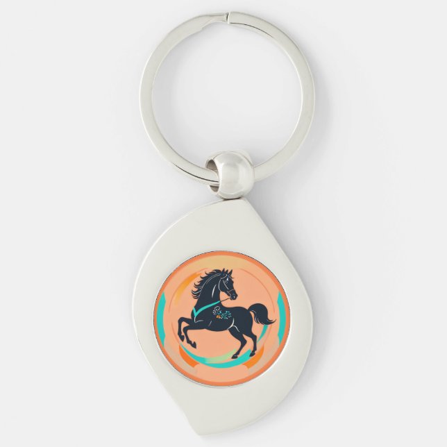 Black Horse on a Colourful Background Key Ring (Front)