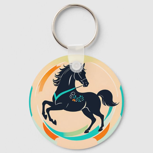 Black Horse on a Colourful Background Key Ring (Front)