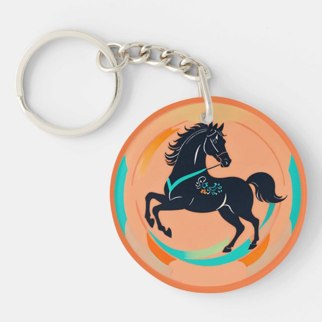Black Horse on a Colourful Background Key Ring (Front)