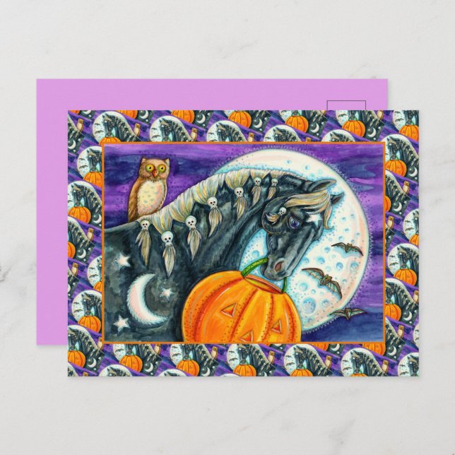 BLACK HORSE, OWL, JACK O LANTERN SKULLS HALLOWEEN  HOLIDAY POSTCARD (Front/Back)