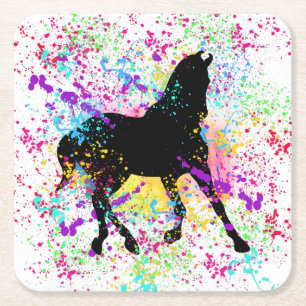 Black Horse Paint Splatter Square Paper Coaster