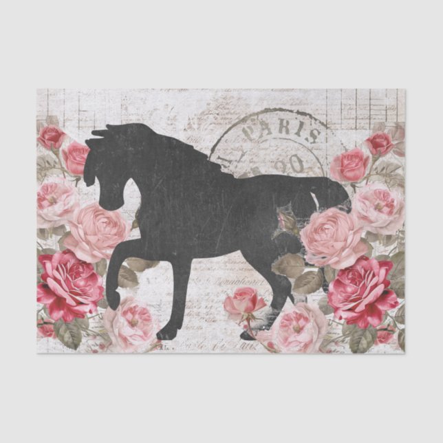 Black Horse Pink Rose Script Collage Decoupage  Tissue Paper (Front)