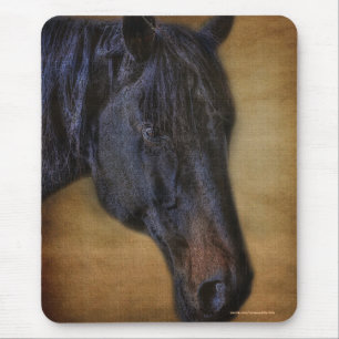 Black Horse Portrait on Rustic Parchment effect Mouse Mat