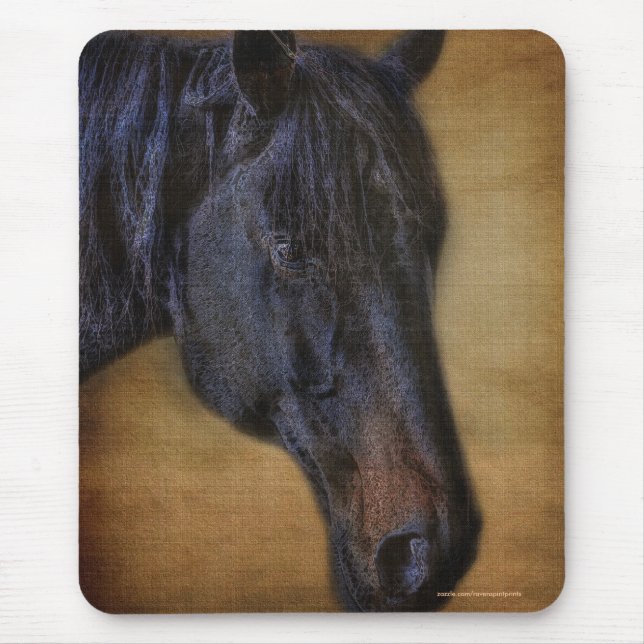 Black Horse Portrait on Rustic Parchment effect Mouse Mat (Front)