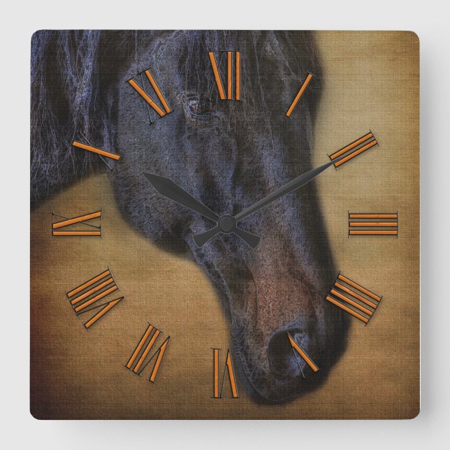 Black Horse Portrait on Rustic Parchment-effect Square Wall Clock (Front)