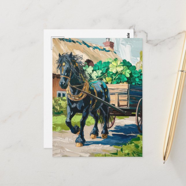 Black Horse Pulling a Load of Shamrocks Postcard (Front/Back In Situ)