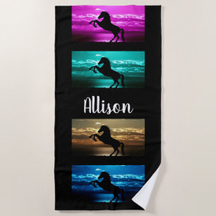Black Horse Purple, Blue, Teal, Golden Sky & Water Beach Towel