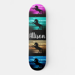 Black Horse Purple, Blue, Teal, Golden Sky & Water Skateboard
