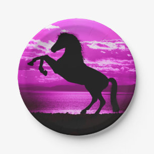Black Horse Purple Sky and Water  Paper Plate