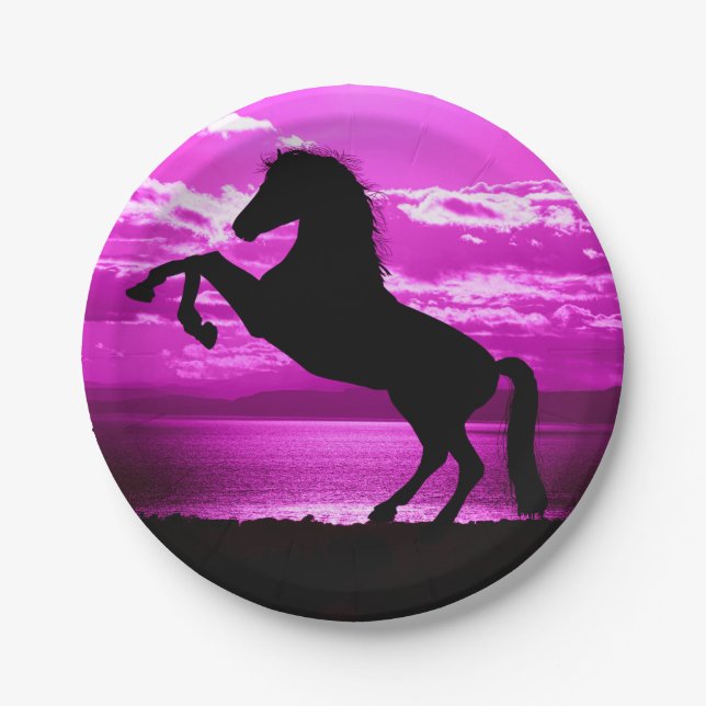 Black Horse Purple Sky and Water  Paper Plate (Front)