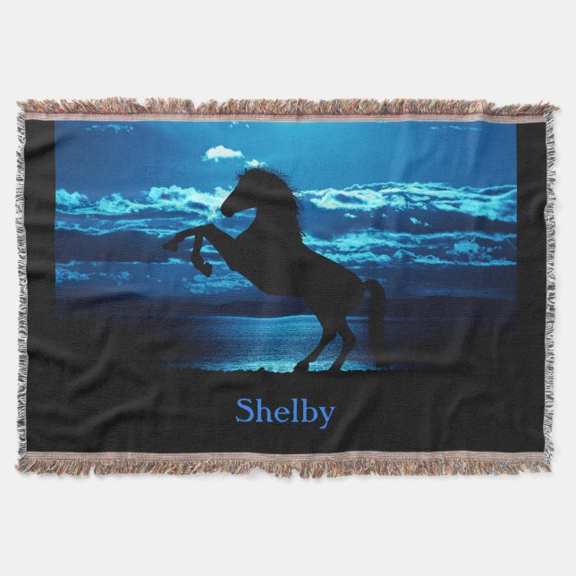 Black Horse Rearing Blue & Black Throw Blanket (Front)
