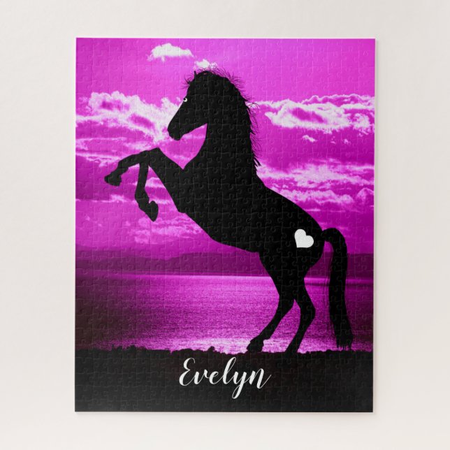 Black Horse Rearing Purple Sky Puzzle (Vertical)