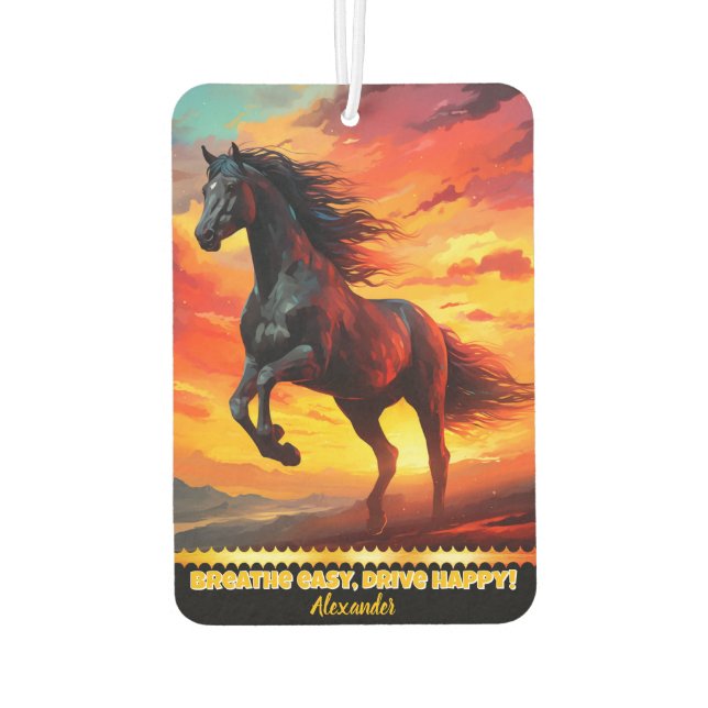 “Black horse running at sunset Car Air Freshener (Back)