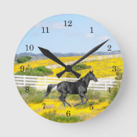 Black Horse Running in Field of Flowers