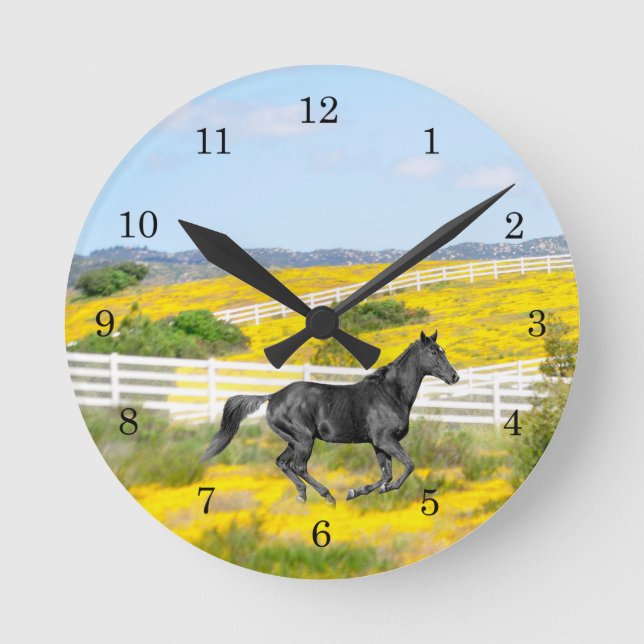 Black Horse Running in Field of Flowers Round Clock (Front)