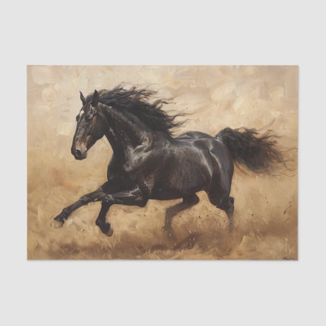 Black Horse Running Oil Painting Decoupage Tissue Paper (Front)