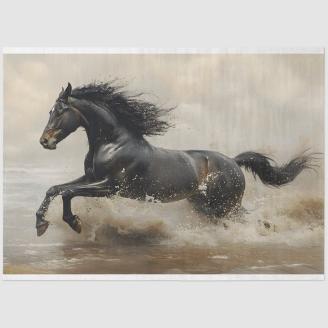 Black Horse Running on the Beach Decoupage Tissue Paper (Front)