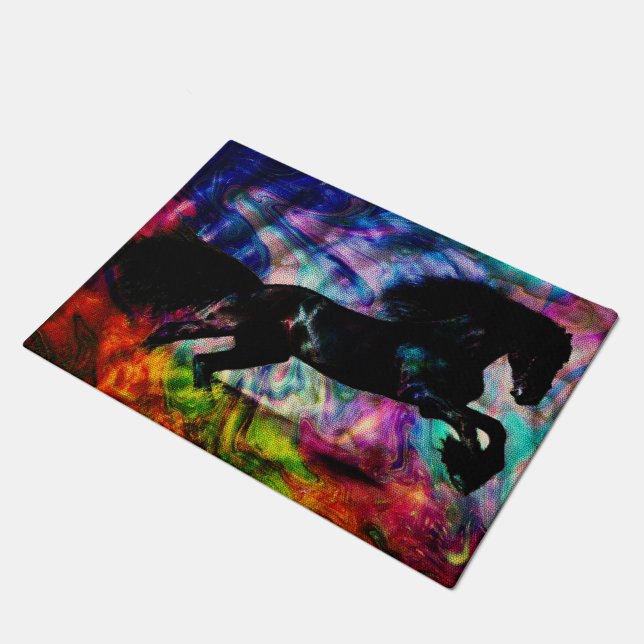 Black Horse Running Though Abstract Fire Doormat (Angled)